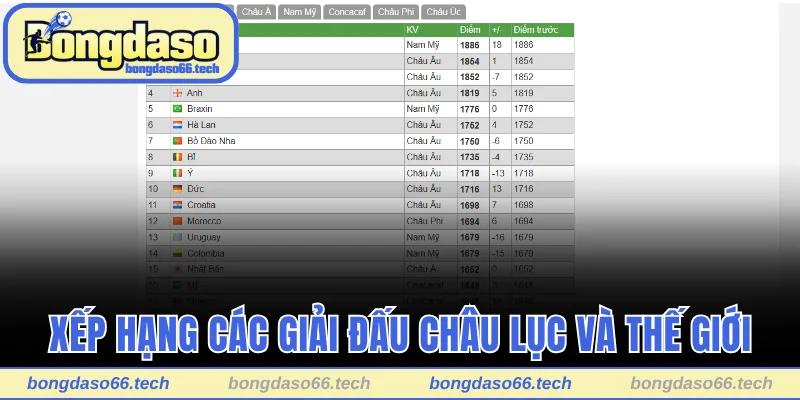 Bảng Xếp Hạng Bongdaso - Cập Nhật Tức Thời Và Miễn Phí 2 Xếp hạng các giải đấu châu lục và thế giới